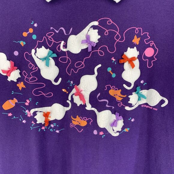 Vtg Women’s Large Cat Lady Collared Tshirt Colorful  Boho Grunge Purple Kittens - Picture 2 of 9